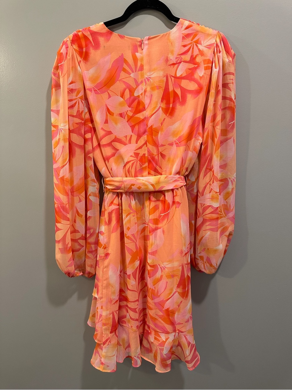 Alex Marie Long Sleeve V-Neck Pink and Orange Ruffle Hem Tie Waist Dress Size 12 - Picture 2 of 5
